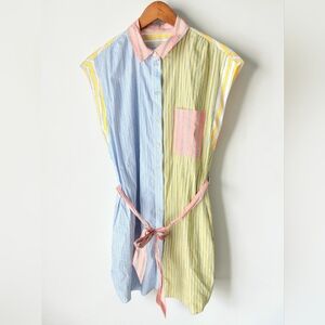 Maeve Pastel Striped Colorblock Button Shirt Dress Womens M Mini Cap Sleeve
